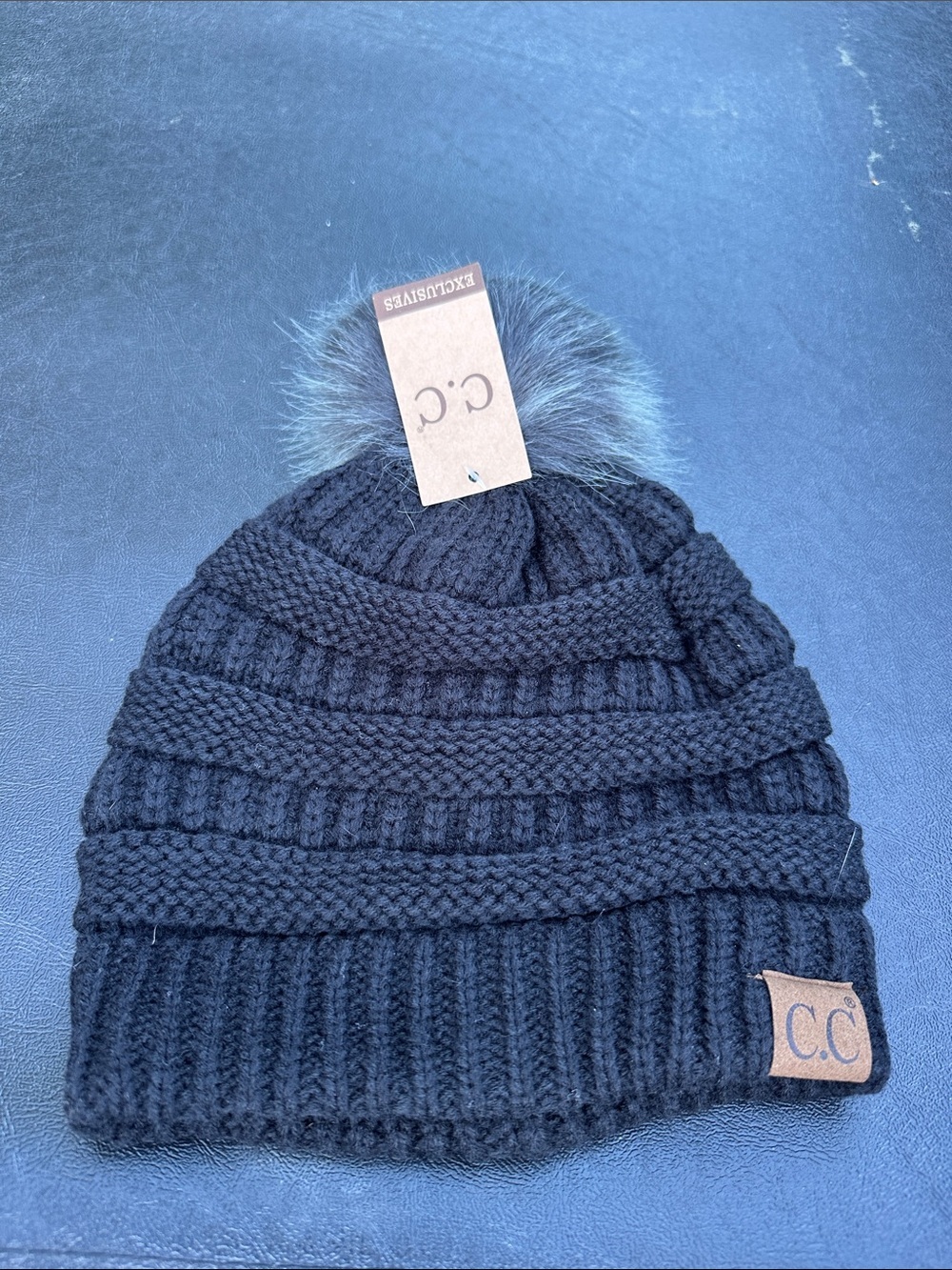 C.C Kids Black Knit Beanie with Faux Fur Pom